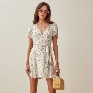 Reformation Ellwood Dress, XS, blue and white floral print wrap dress